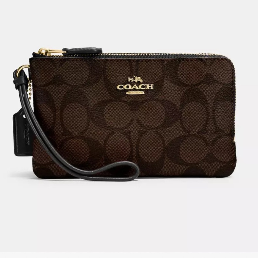 Coach Double Corner Zip Wristlet In Signature Canvas Brown Black